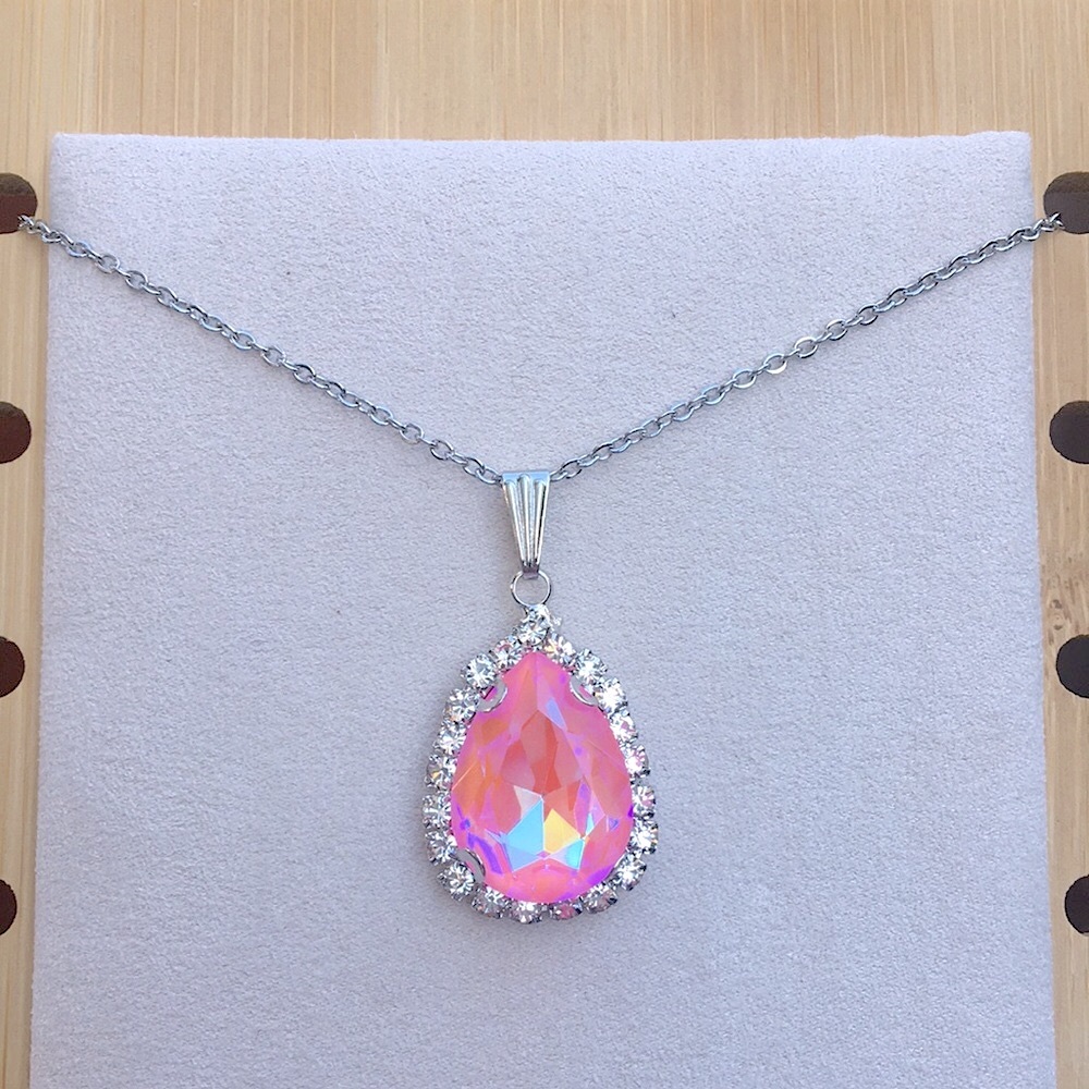 Pink Aurora Borealis + Silver Crystal Halo Pear Drop Pendant Necklace - Picture 1 of 11